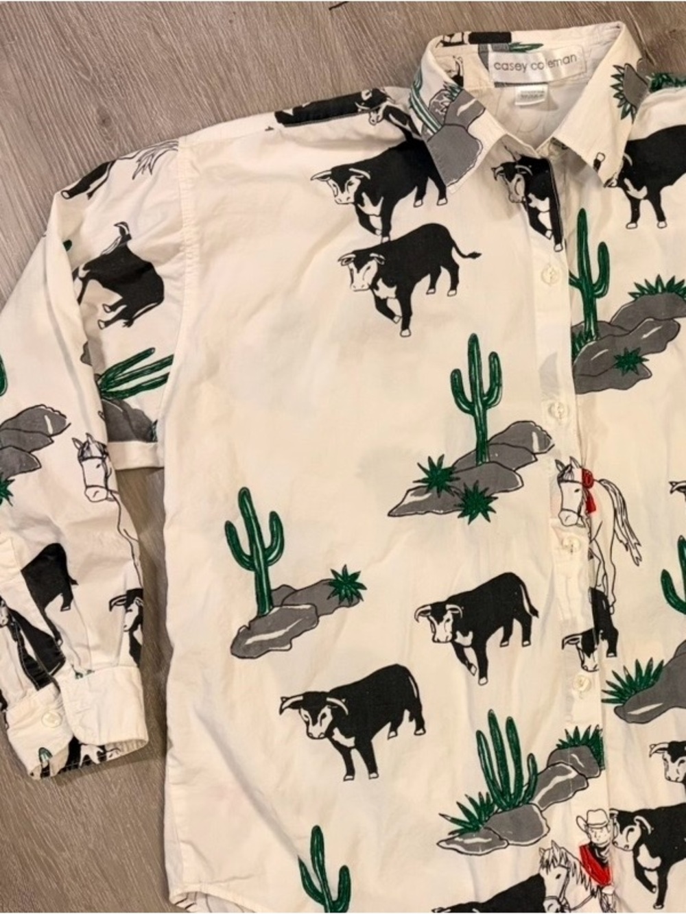 Vintage 90s Casey Coleman Western Cowboy Bull Cactus Embroidered Shirt L